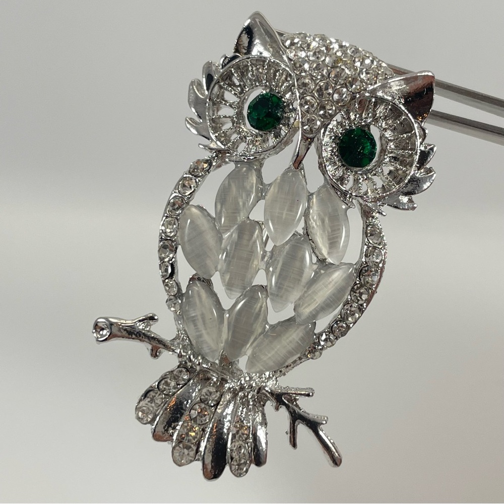 Silver Tone White Green Rhinestone Owl Brooch Pin Statement Large Vintage Look